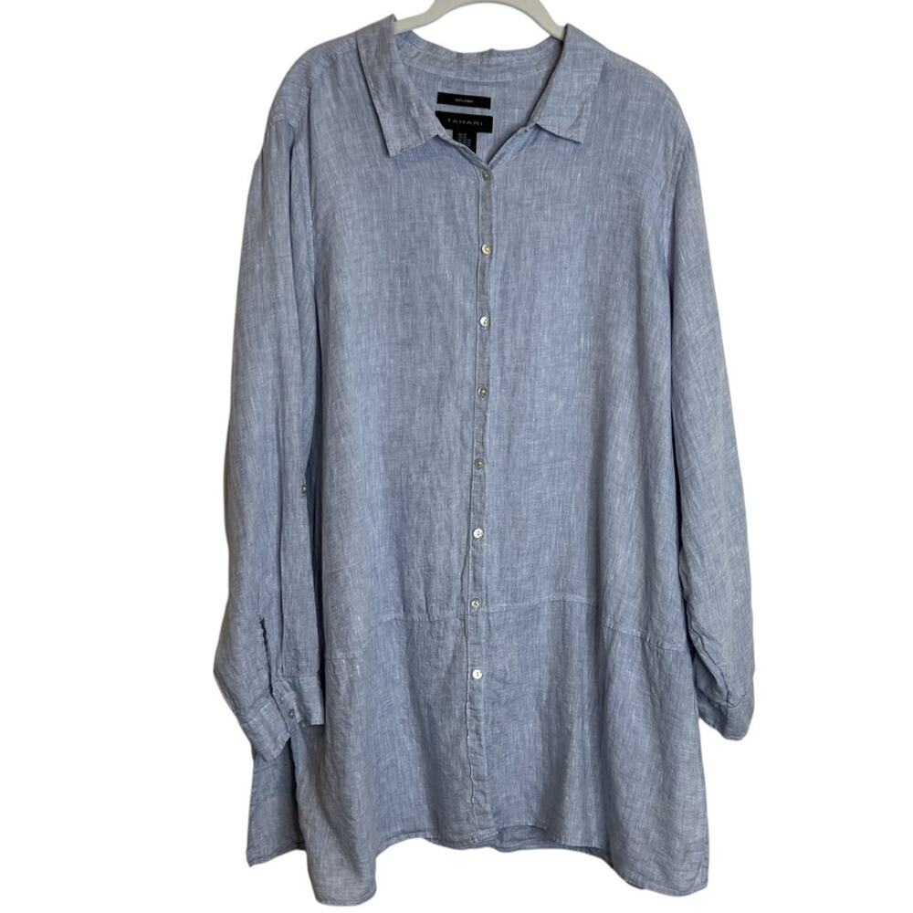 Tahari 100% Linen Button Front Tunic Top 2X Blue Long Sleeve Plus Size